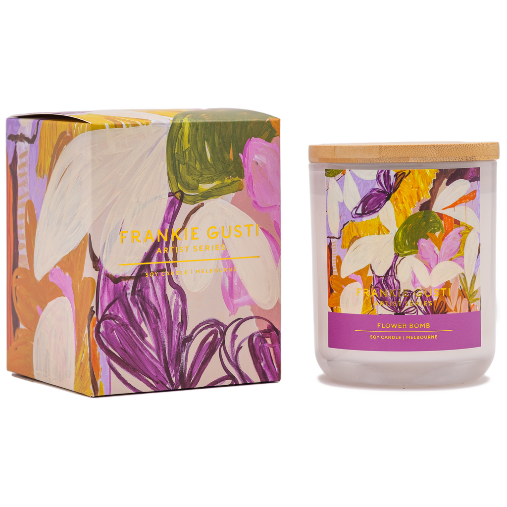 Box and candle side by side of the Frankie Gusti - Artist Series Candle - FLOWER BOMB