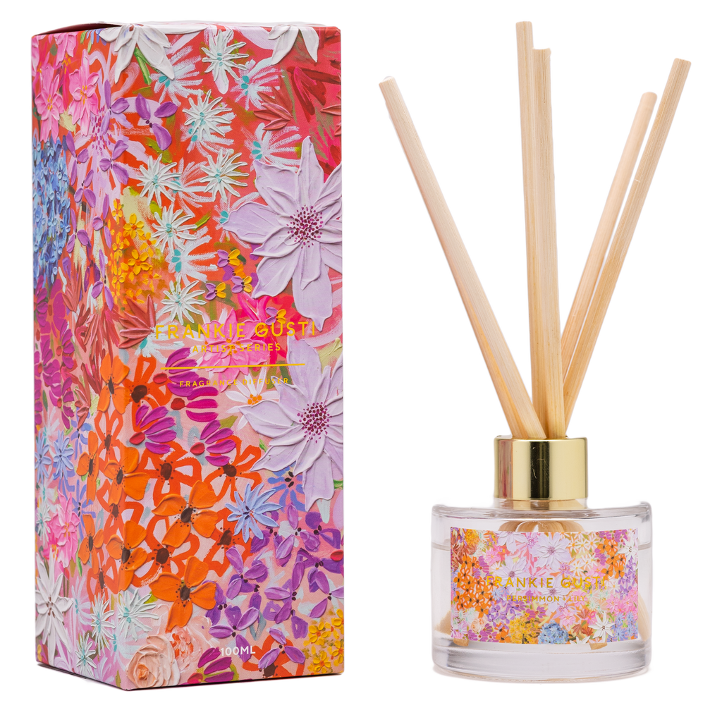 Box and diffuser side by side of the Frankie Gusti - Artist Series Diffuser - PERSIMMON + LILY