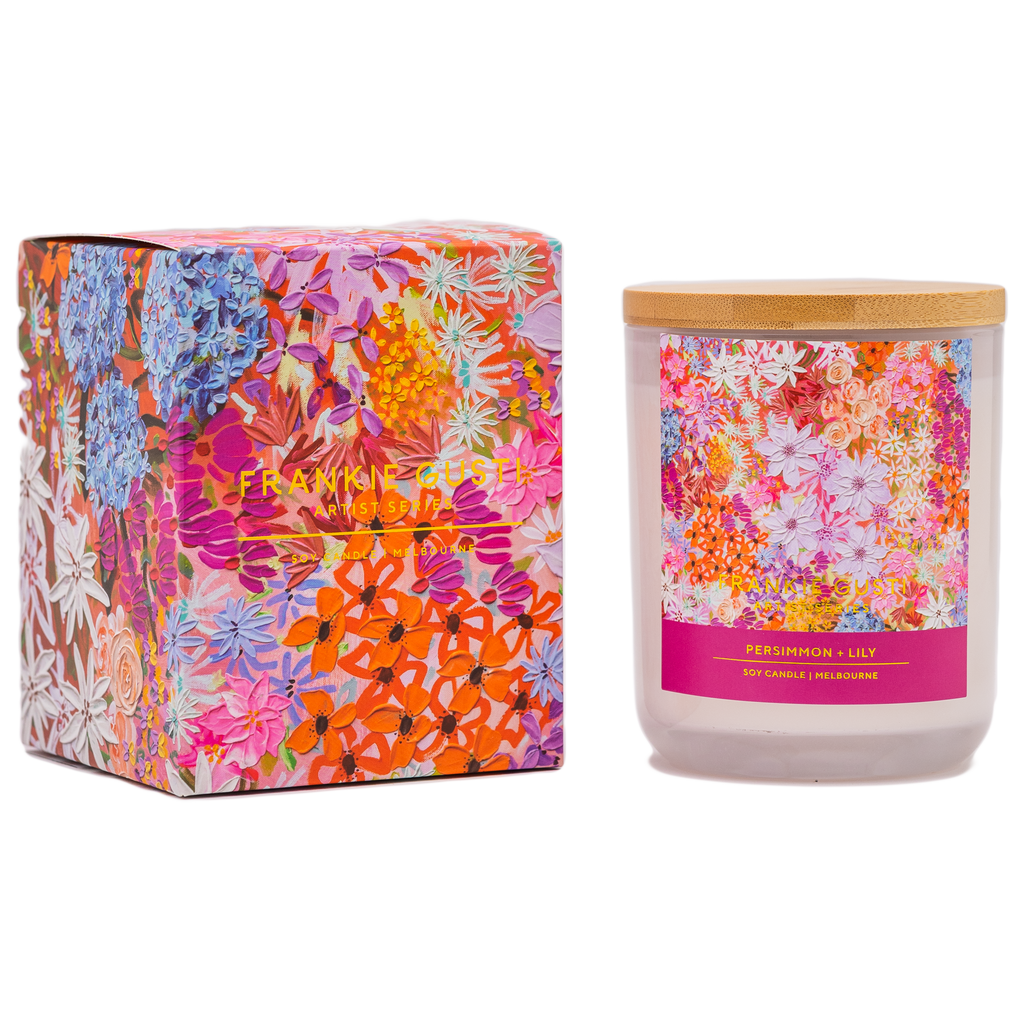 Box and candle side by side of the Frankie Gusti - Artist Series Candle - PERSIMMON + LILY
