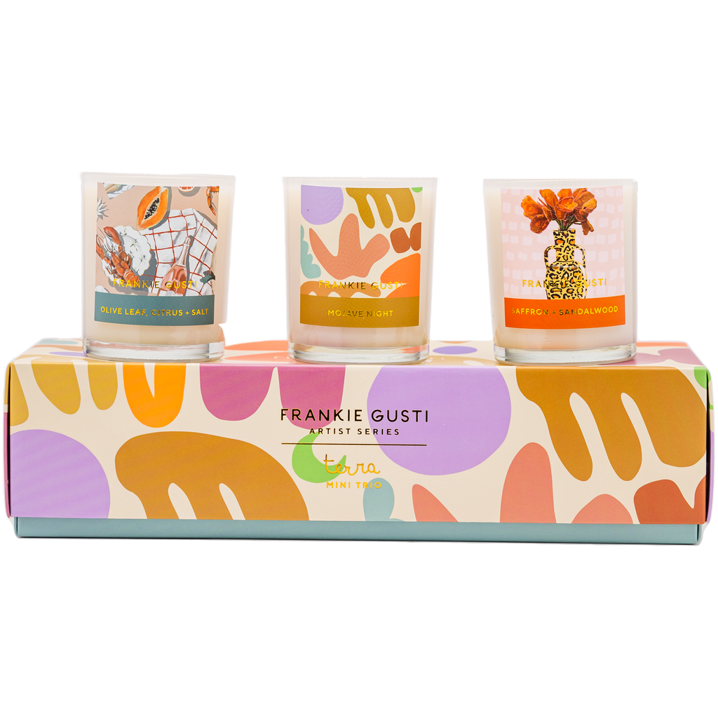 The Frankie Gusti - Artist Series MINI Candle -TERRA TRIO out of box side by side