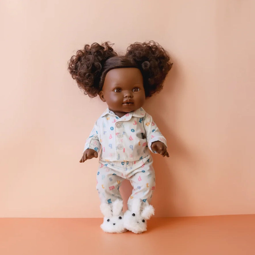 Doll wearing the Pyjama & Bunny Slipper set by Tiny Harlow