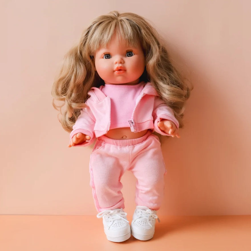 Doll wearing the Pink Hoodie Tracksuit by Tiny Harlow