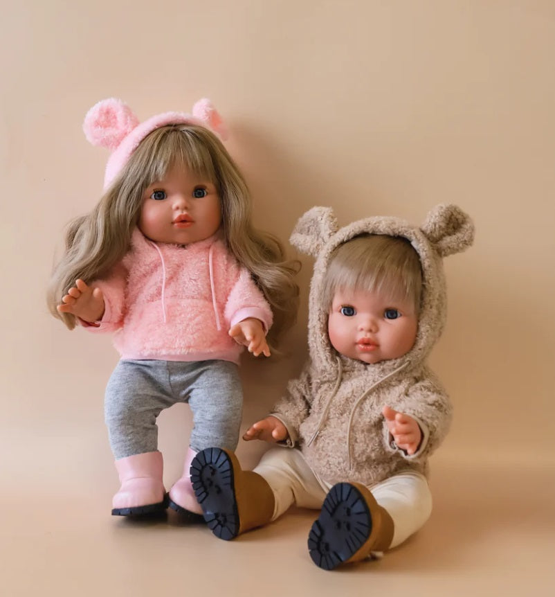 Doll wearing the Pink Teddy Hoodie & Grey Leggings Set by Tiny Harlow