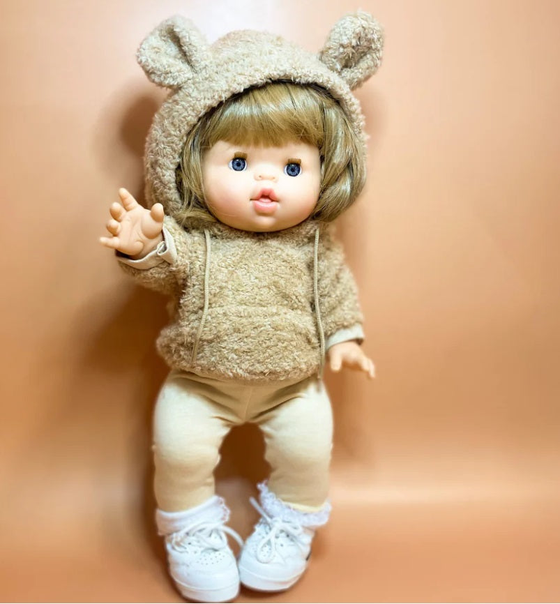 Doll wearing the Camel Teddy Hoodie & Cream Leggings Set by Tiny Harlow