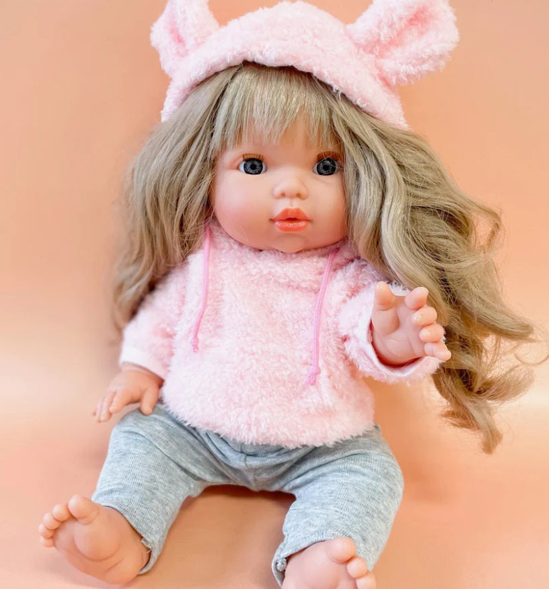 Doll sitting wearing the Pink Teddy Hoodie & Grey Leggings Set by Tiny Harlow