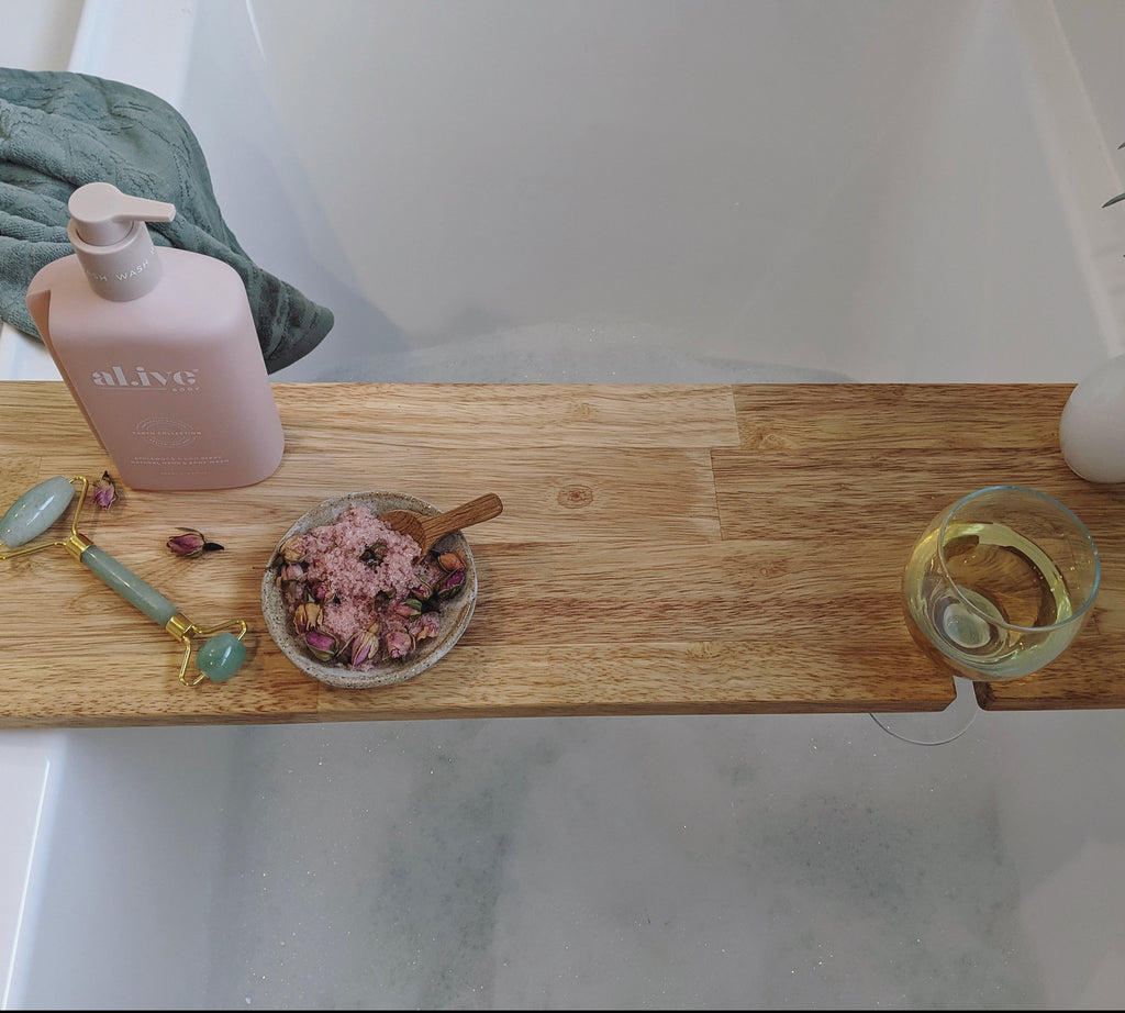 Hardwood Bath Caddy with Wine Glass Holder Indi Tribe Collective